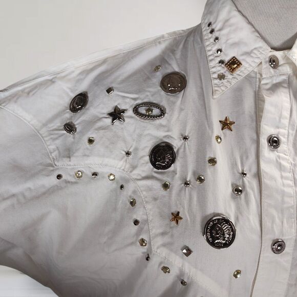 Vintage 80s Studded Western Top Size M Buffalo Head Coins Snap Front Blouse - Picture 7 of 16